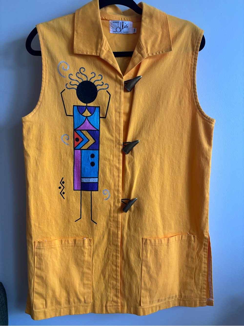Bright Yellow Sleeveless long Vest with Geometric Print